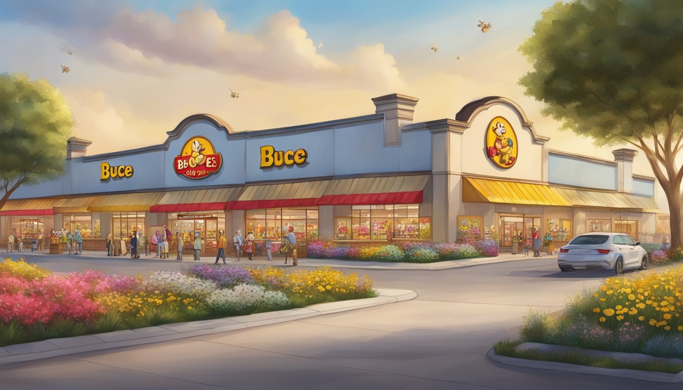 A row of colorful Buc-ee's stores with vibrant signs, surrounded by fields of blooming wildflowers and buzzing honeybees