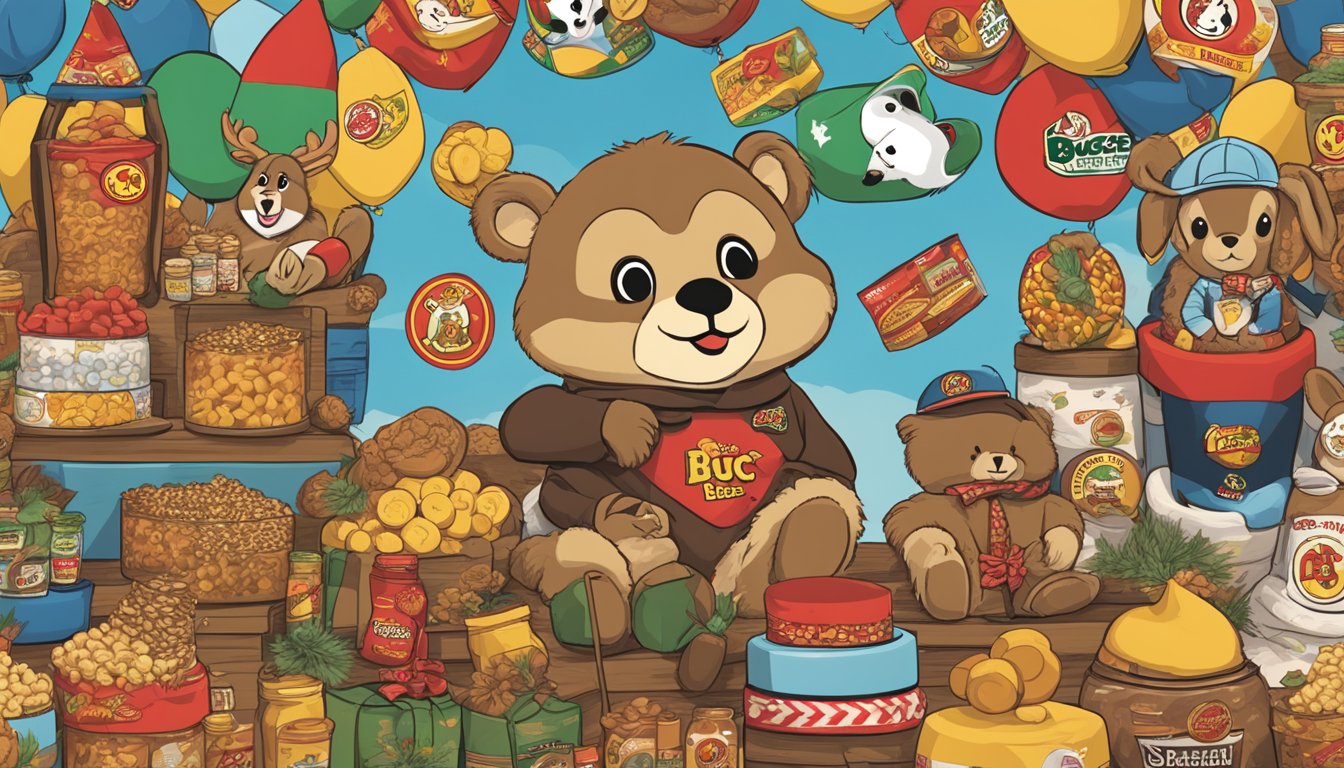 A cozy fleece blanket featuring Buc-ee's logo surrounded by various Buc-ee's products, creating a festive anniversary gift display