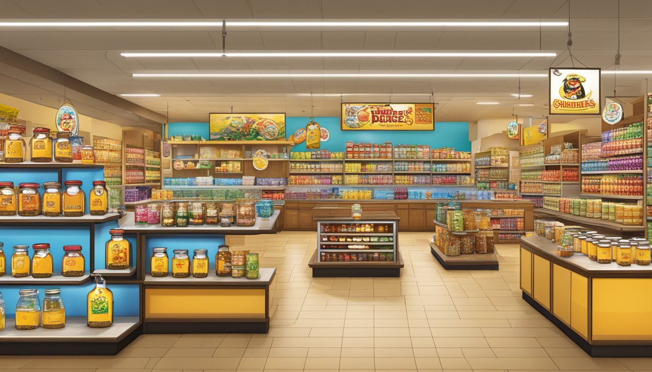 Seven Buc-ee's locations with shelves filled with various jars of local honey, surrounded by colorful packaging and vibrant displays