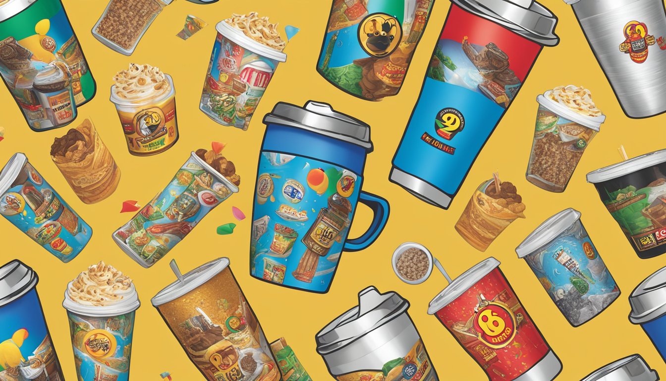 A custom travel mug surrounded by 9 Buc-ee's products arranged as anniversary gifts