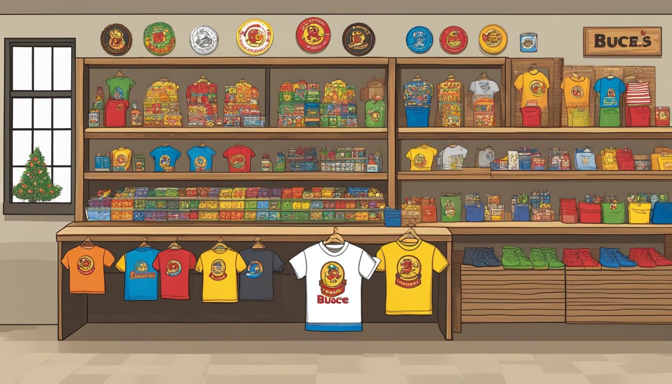 A colorful display of Buc-ee's logo t-shirts and various products arranged on a shelf, with anniversary-themed items highlighted