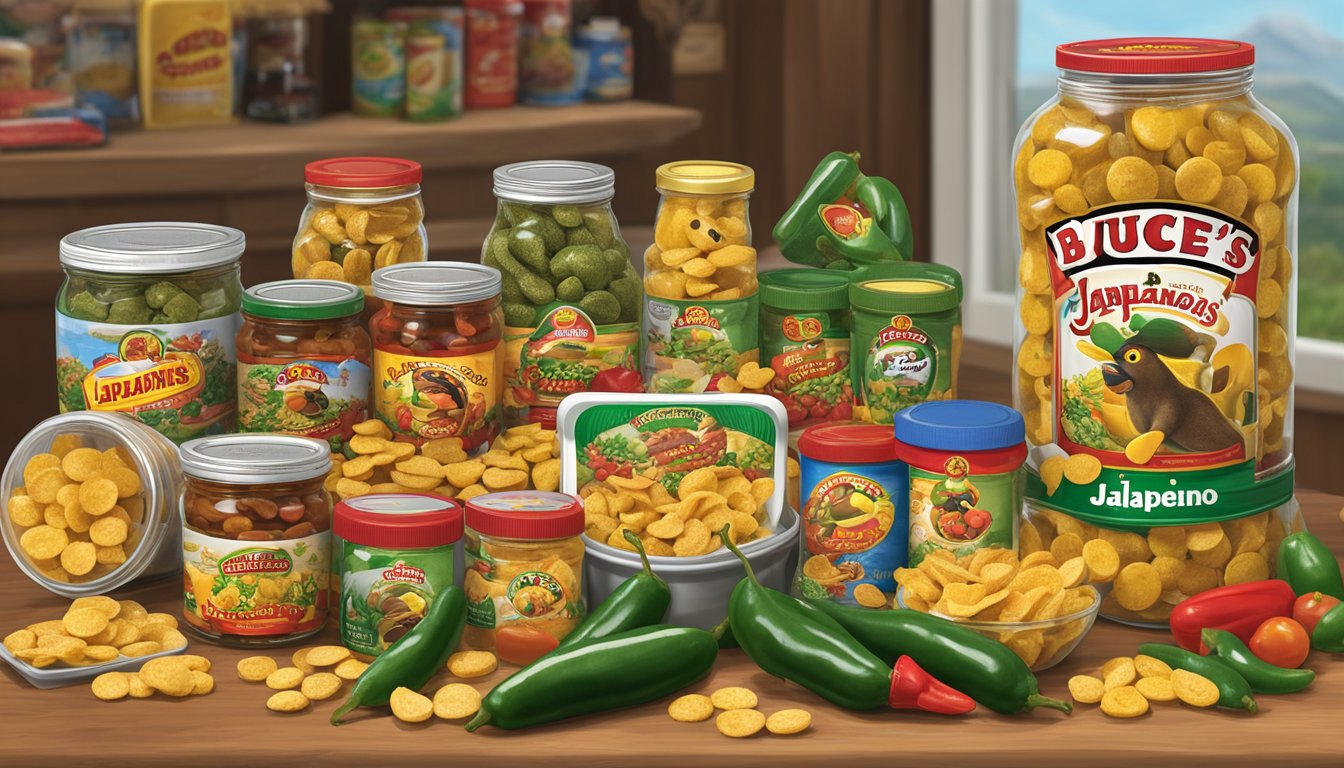 A jar of Buc-ee's Candied Jalapeños surrounded by other Buc-ee's products, such as snacks and merchandise, arranged neatly on a table for display