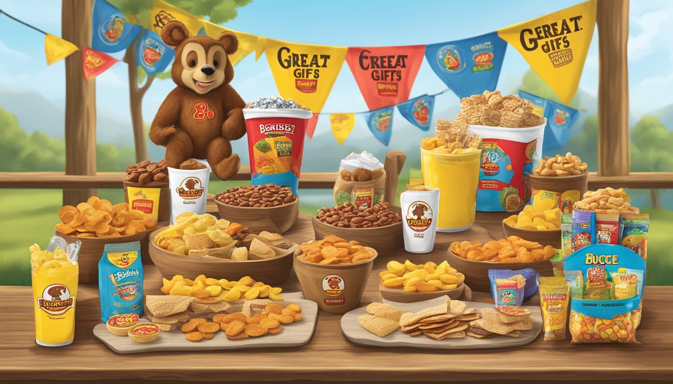 A display of Buc-ee's products arranged on a wooden table, including snacks, drinks, and merchandise, with a banner reading "Great Anniversary Gifts."