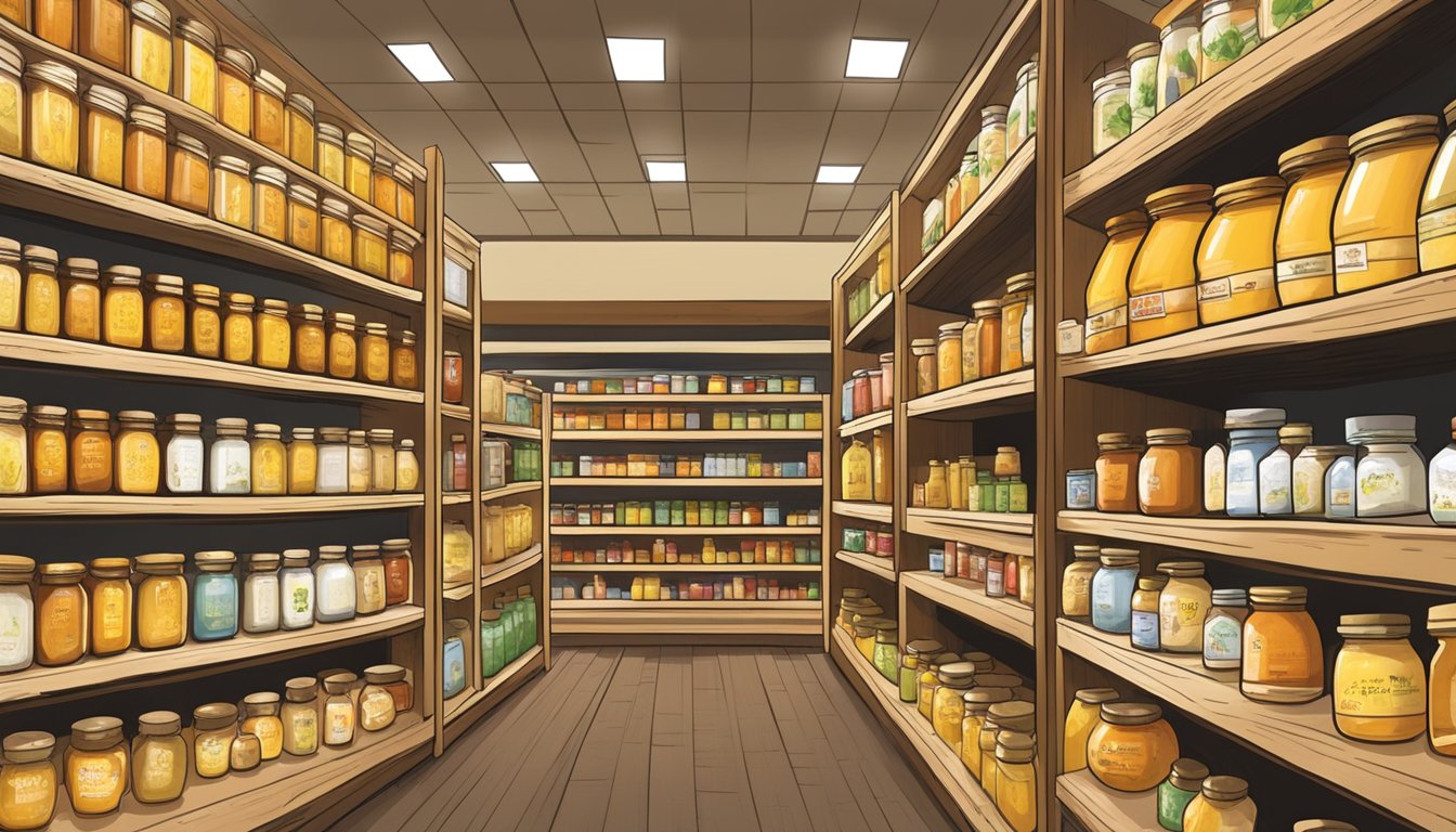 Shelves lined with various jars of local honey at Buc-ee's locations, each labeled with the region it was sourced from. Honeycomb displays add to the authentic, rustic feel