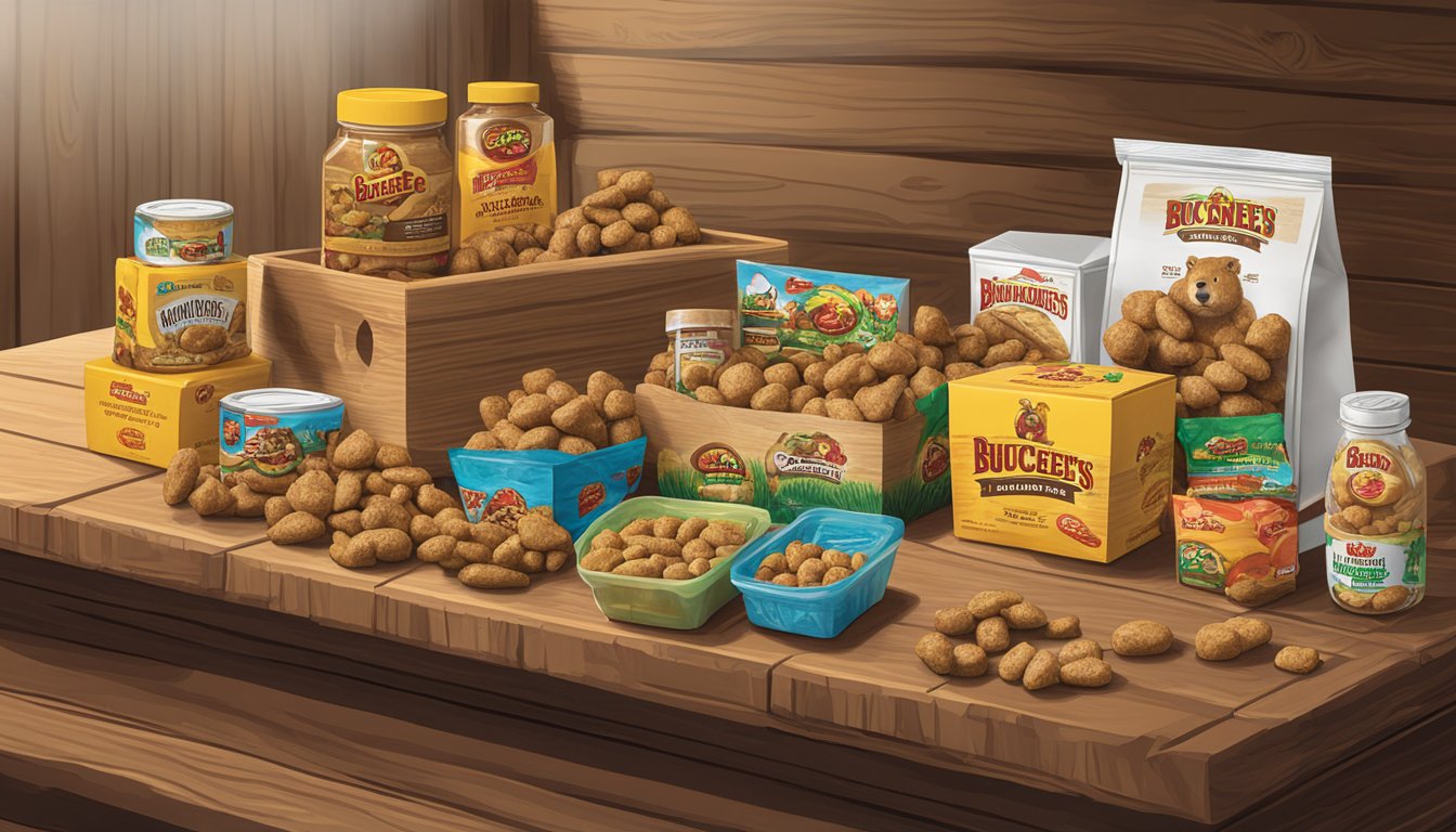 A display of Buc-ee's Beaver Nuggets and other products arranged on a wooden table, surrounded by rustic packaging and a thank you note