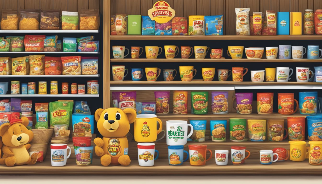 A display of Buc-ee's products arranged on a shelf, including mugs, snacks, and souvenirs, with a sign indicating "Great Anniversary Gifts"