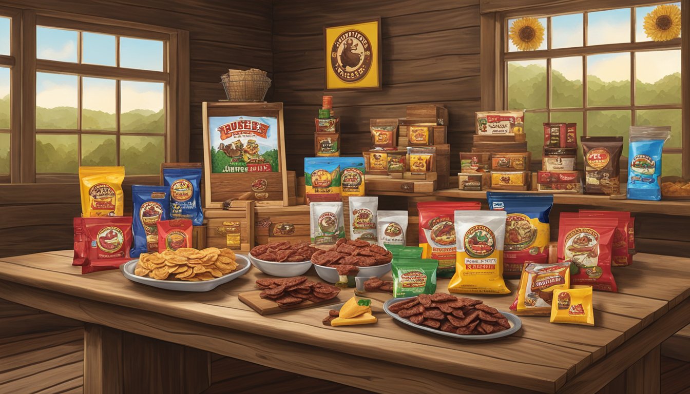 A display of Buc-ee's jerky and other products arranged on a rustic wooden table, surrounded by Texas-themed decor and packaging