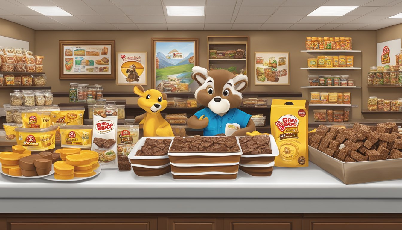 A display of Buc-ee's fudge and other products arranged on a table with a "Thank You" theme