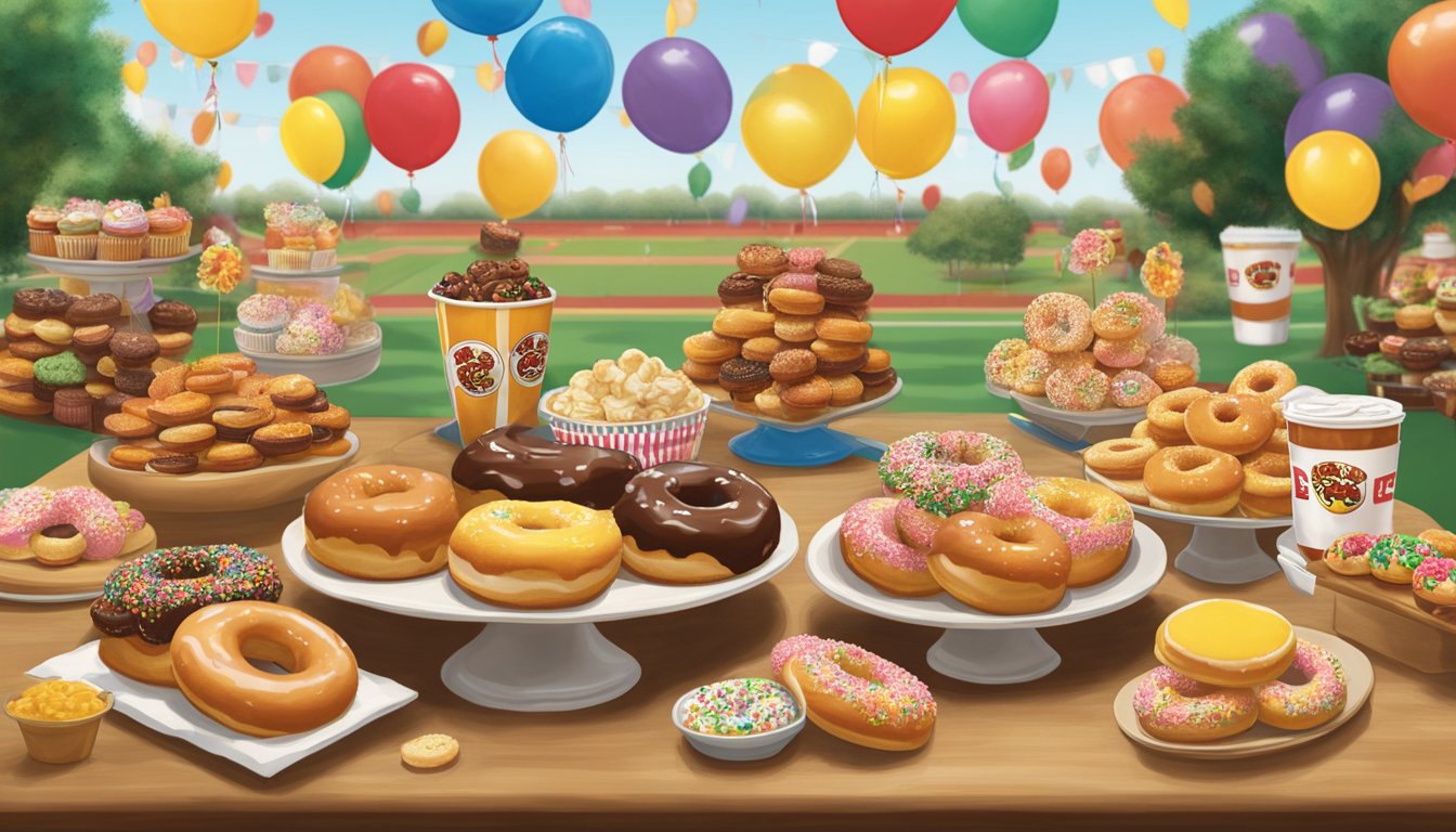 A table filled with Buc-ee's Texas Round Rock Donuts, snacks, and party decorations for a Superbowl gathering