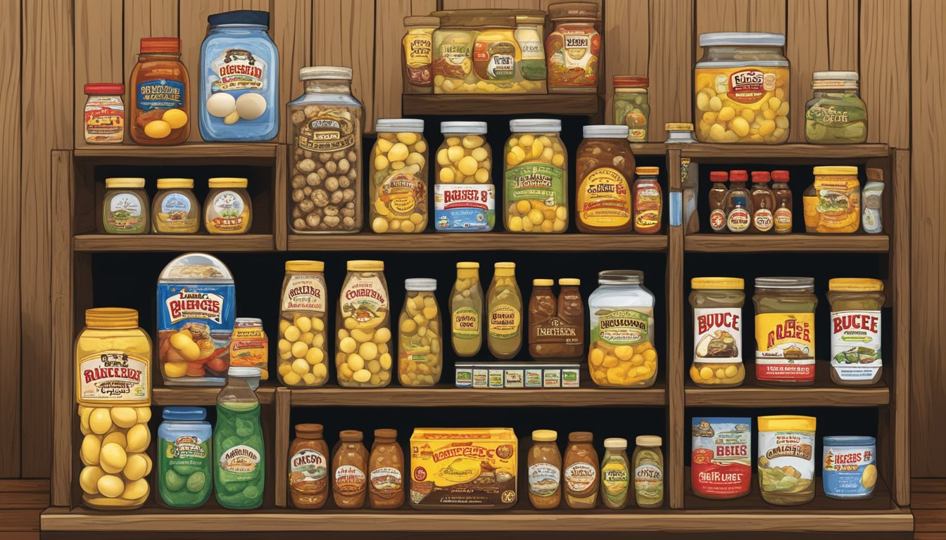 A display of Buc-ee's pickled quail eggs surrounded by other Buc-ee's products, arranged neatly on a wooden shelf with rustic signage above