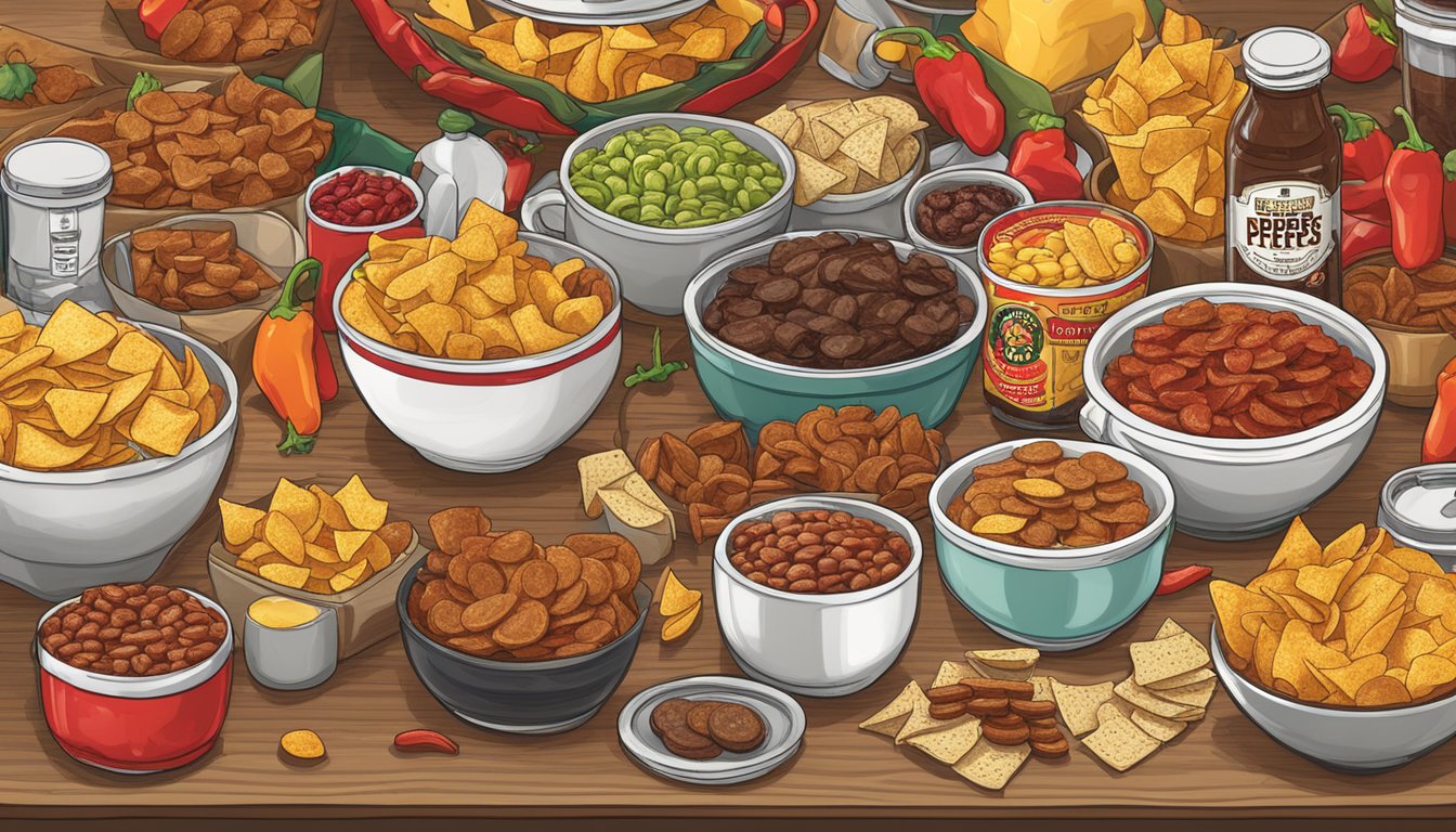 A table spread with Buc-ee's Ghost Pepper Jerky, chips, and other snacks, ready for a Superbowl party