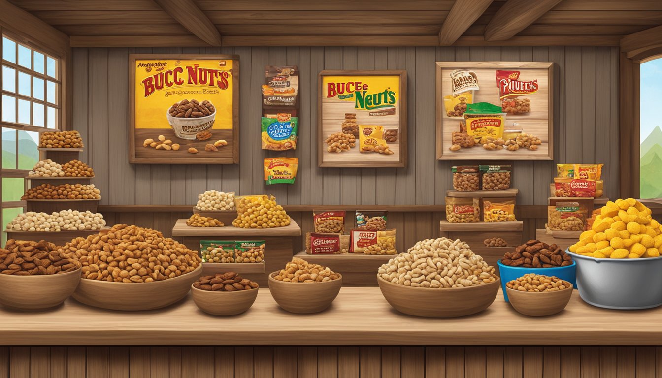 A display of Buc-ee's candied nuts and other products arranged on a wooden table with rustic signage