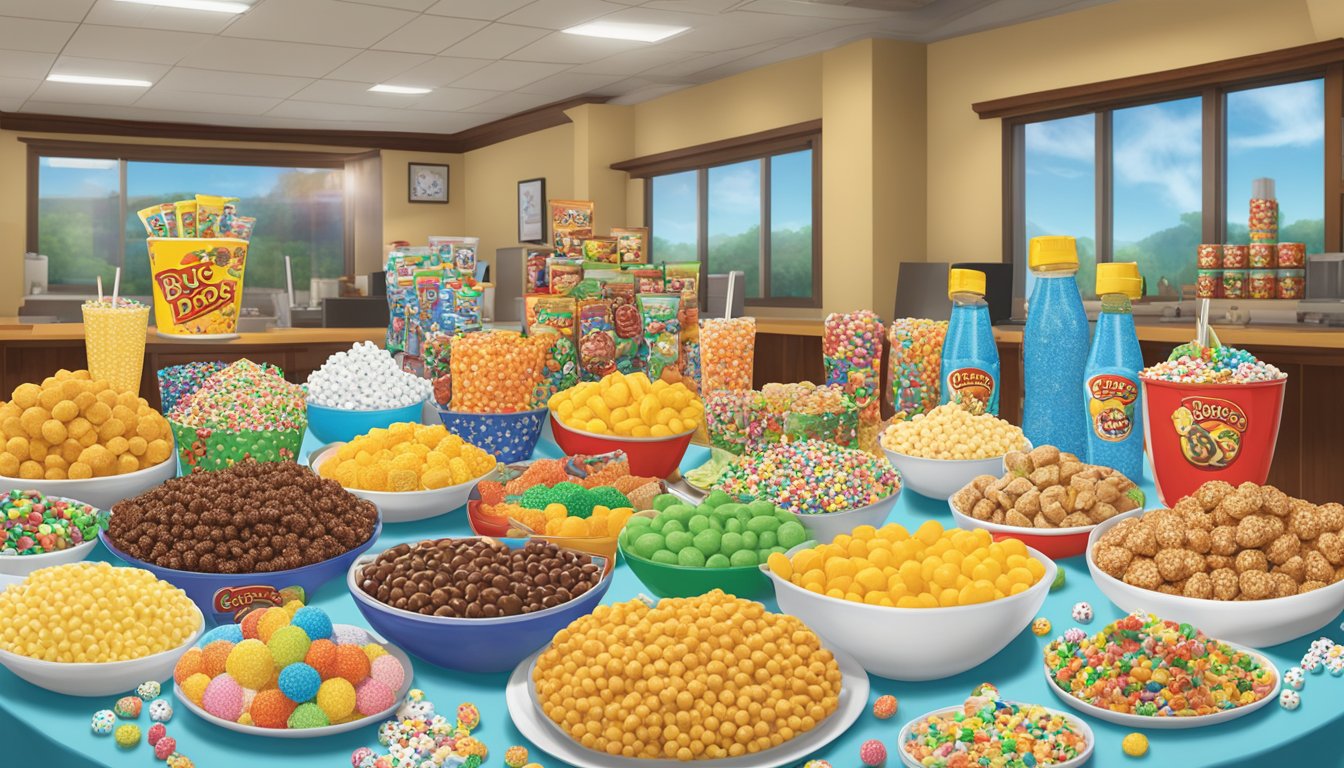 A table filled with Buc-ee's branded items, including Dippin' Dots, snacks, and party supplies, ready for a Superbowl party