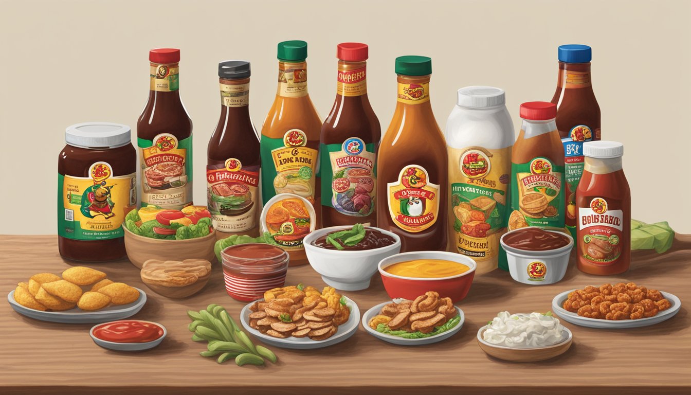 A table with various Buc-ee's products, including BBQ sauce, arranged for gifting