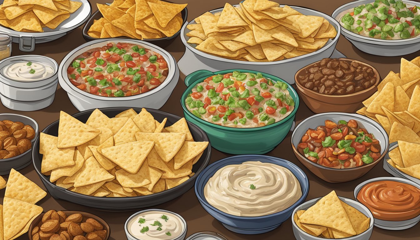 A table filled with Buc-ee's tortilla chips, dips, and other party snacks, ready for a Superbowl gathering