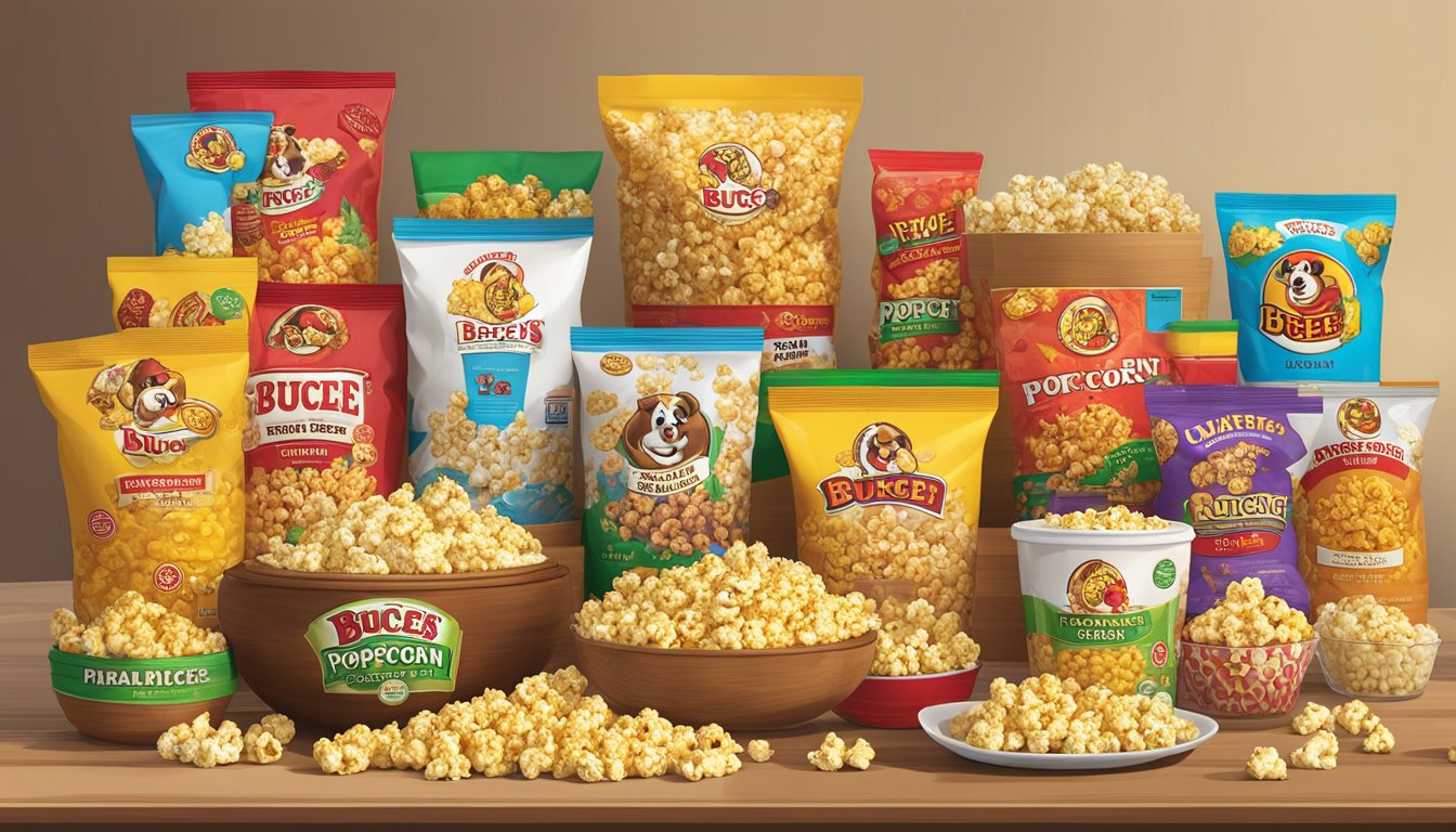 A colorful display of Buc-ee's popcorn and various products arranged on a table, ready for gifting