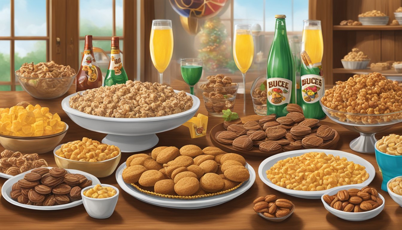 A table set with Buc-ee's Pecan Pralines and other party items for a Superbowl gathering