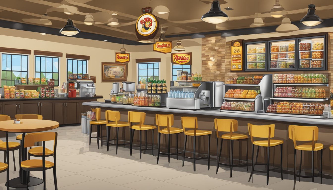 A bustling Buc-ee's coffee bar with 24 items perfect for a Superbowl party, including snacks and drinks