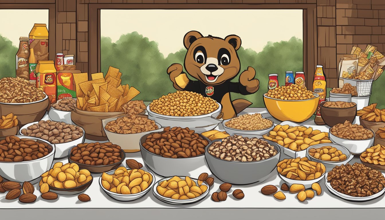 A table spread with Buc-ee's Caliente Roasted Nuts, chips, and other party snacks, ready for a Superbowl gathering