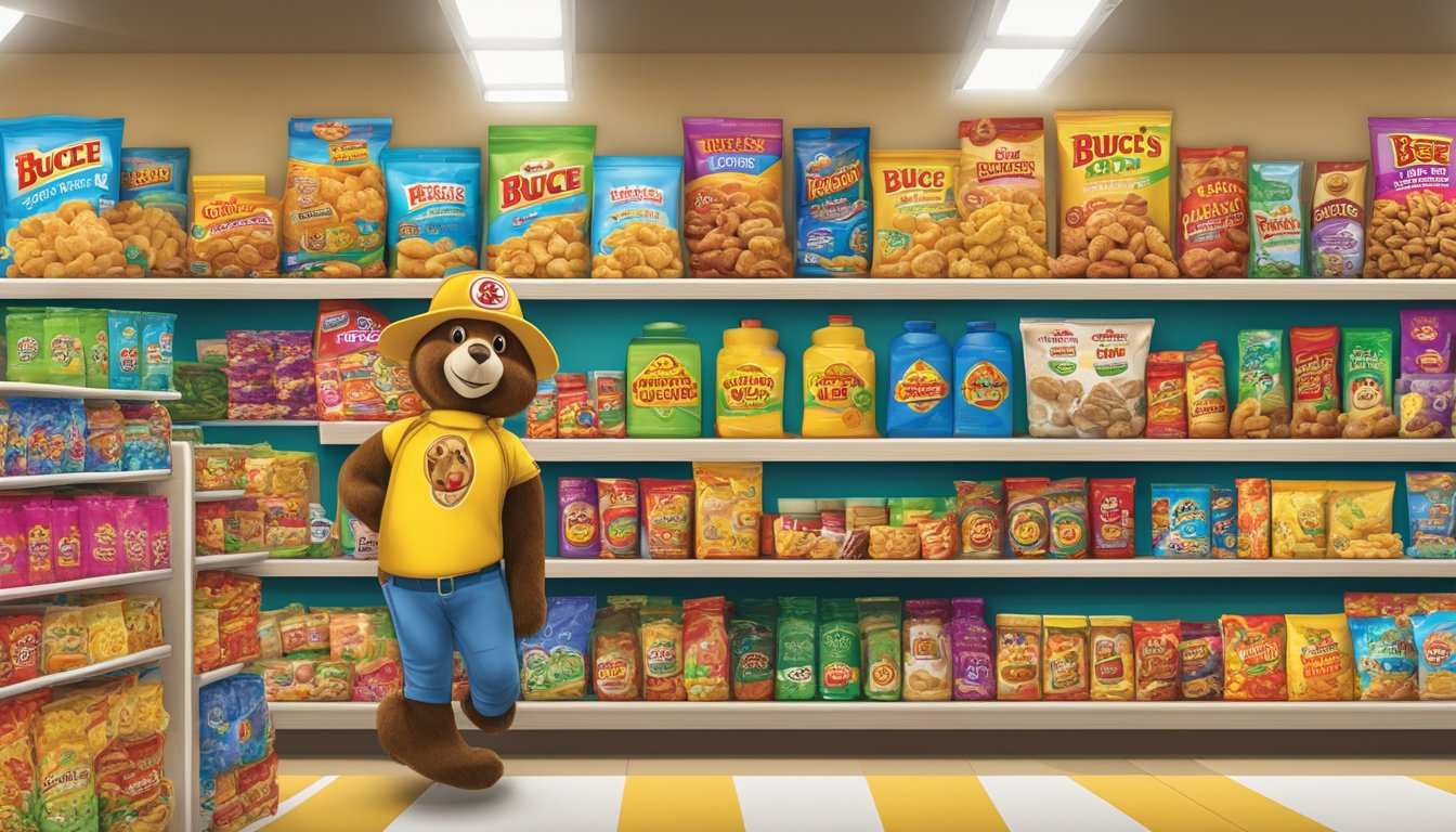 A colorful display of Buc-ee's products arranged on a shelf, including snacks, apparel, and souvenirs, with a sign promoting them as great thank you gifts