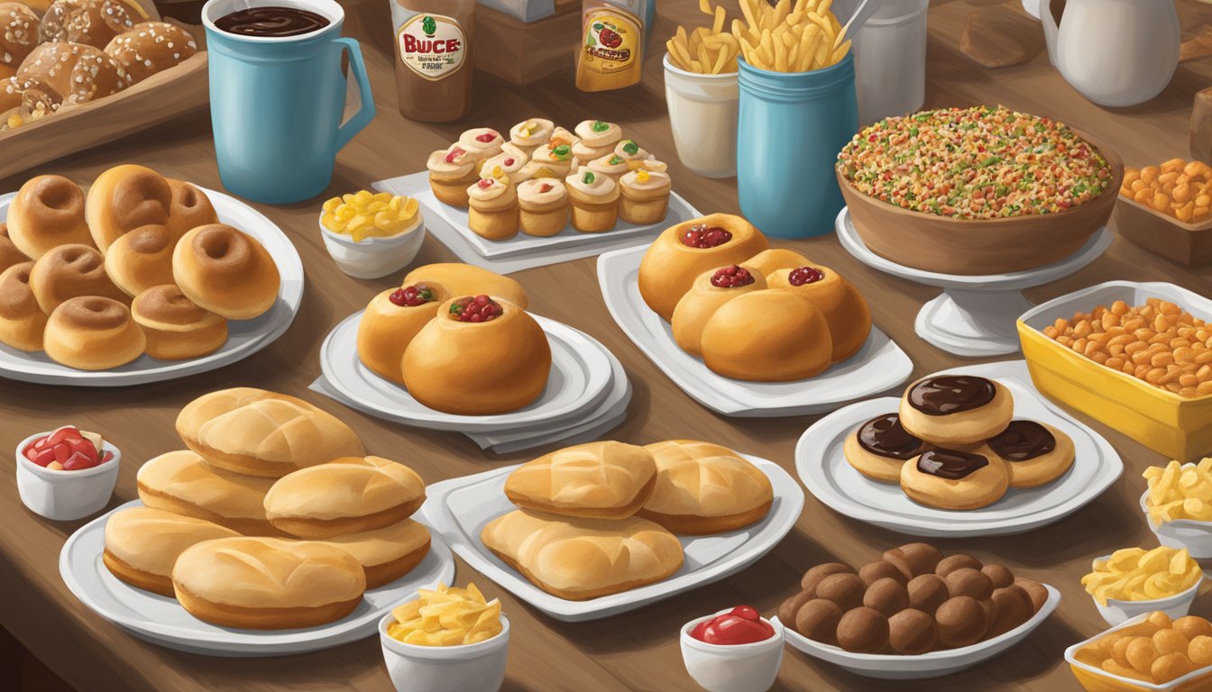 A table filled with Buc-ee's kolaches, snacks, and party items for a Superbowl gathering