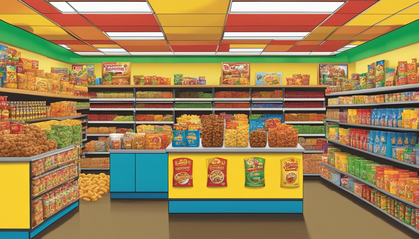 A display of Buc-ee's products, including snacks, apparel, and novelty items, arranged neatly on shelves with a bright, inviting backdrop