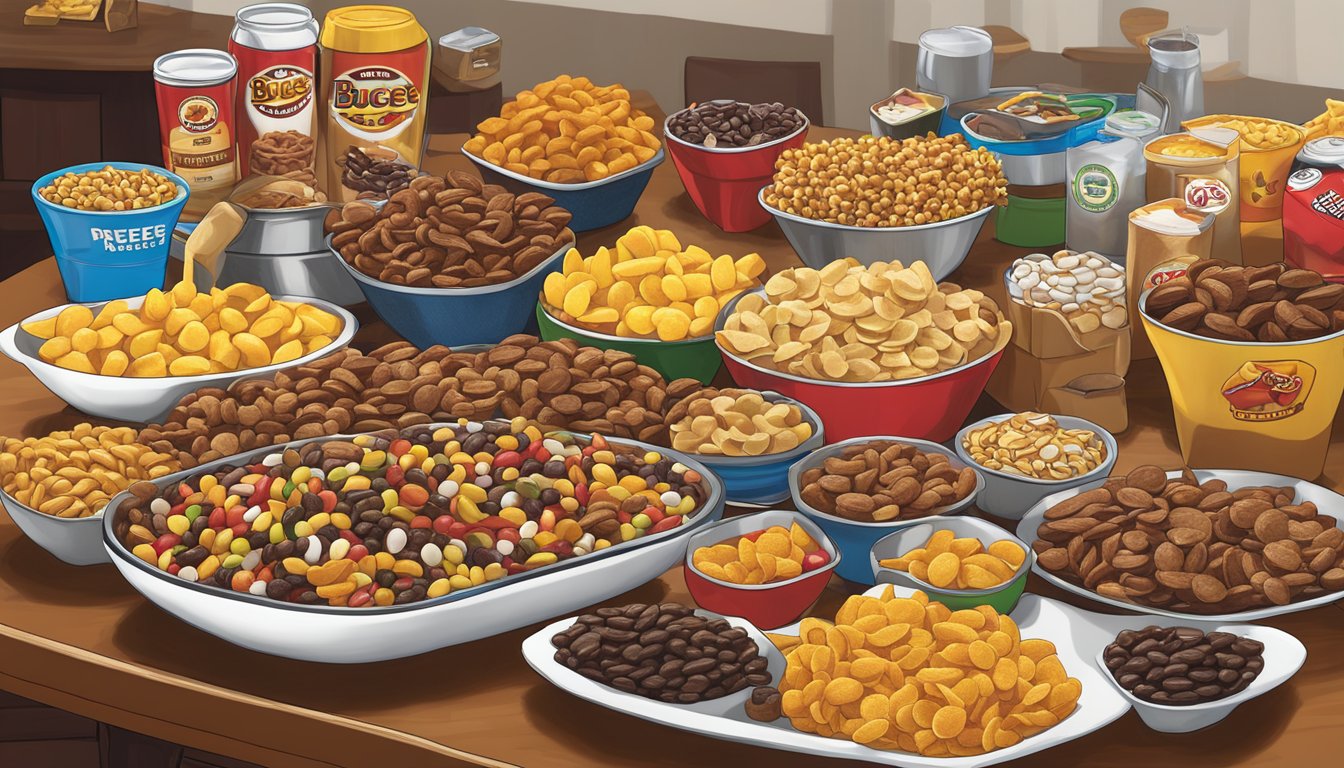 A colorful array of Buc-ee's branded trail mix, beef jerky, and snacks arranged on a table for a Superbowl party