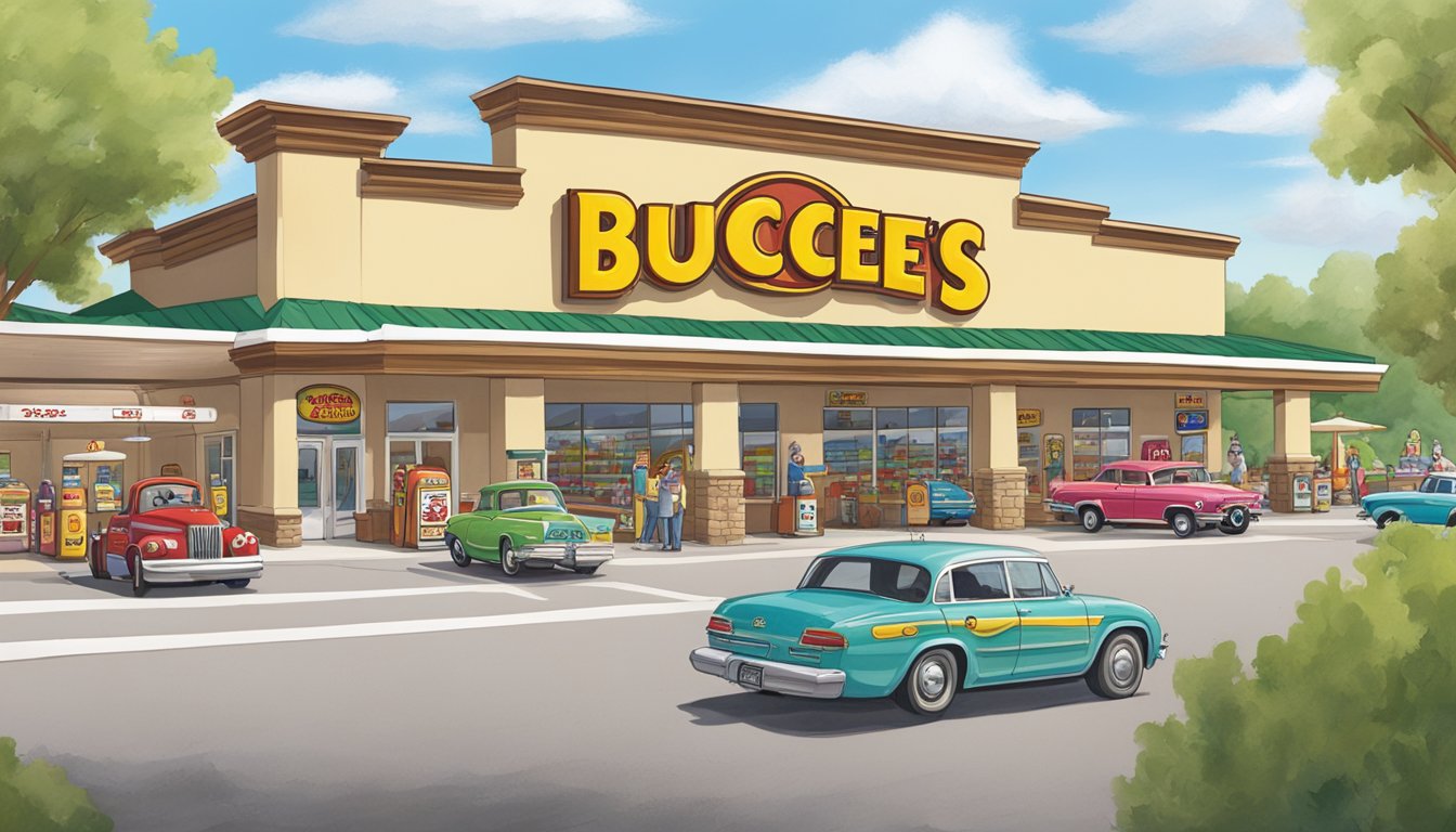 A colorful Buc-ee's storefront with a line of cars at gas pumps, people entering and exiting the store, and the iconic beaver mascot welcoming visitors