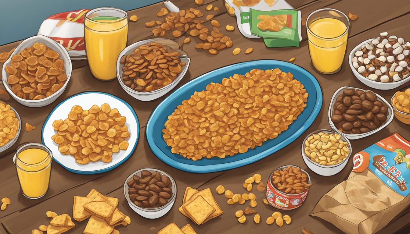 A table spread with Buc-ee's Peanut Brittle, snacks, and Superbowl party items