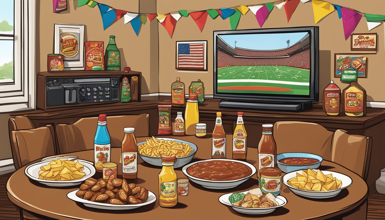 A table filled with Buc-ee's BBQ sauce bottles, chips, and other party snacks, surrounded by football decorations and a TV showing the Superbowl game