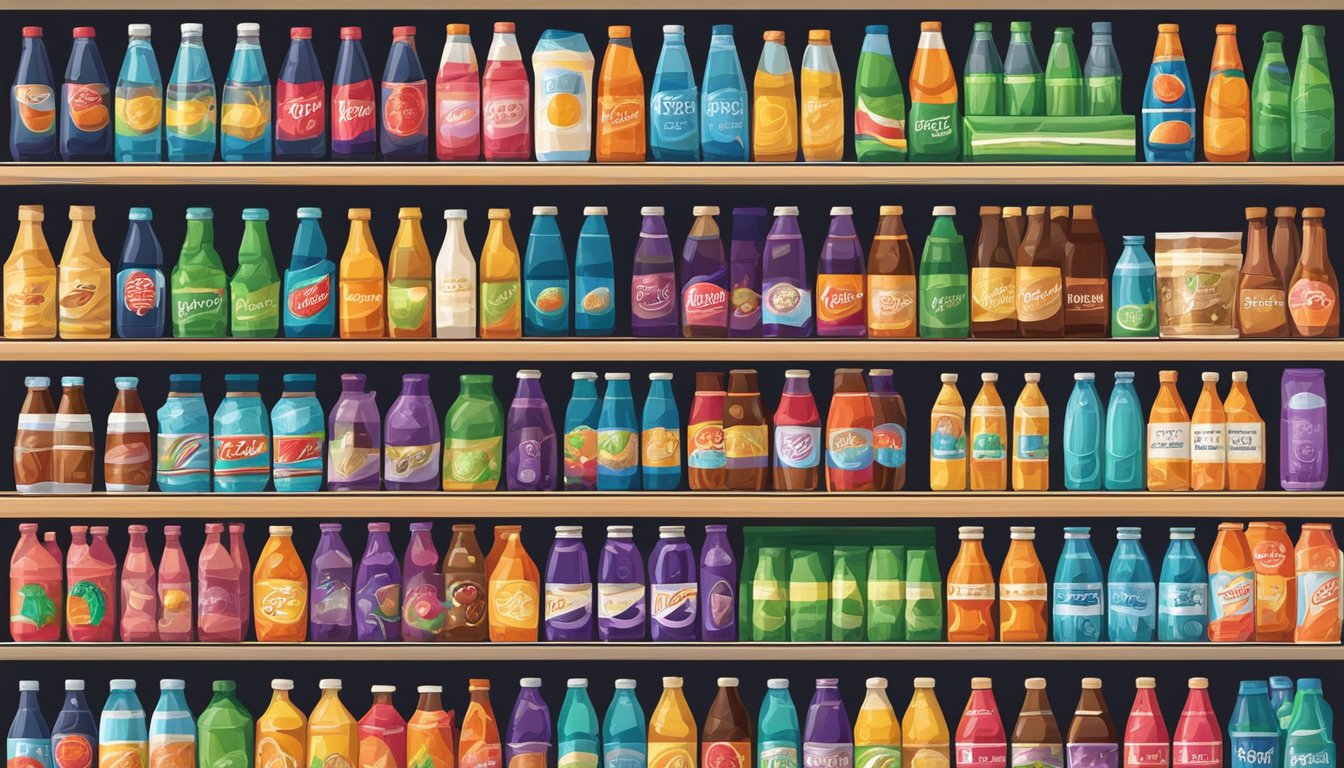 A colorful display of various beverages lined up neatly on shelves, including sodas, coffees, and specialty drinks, creating an inviting and vibrant scene