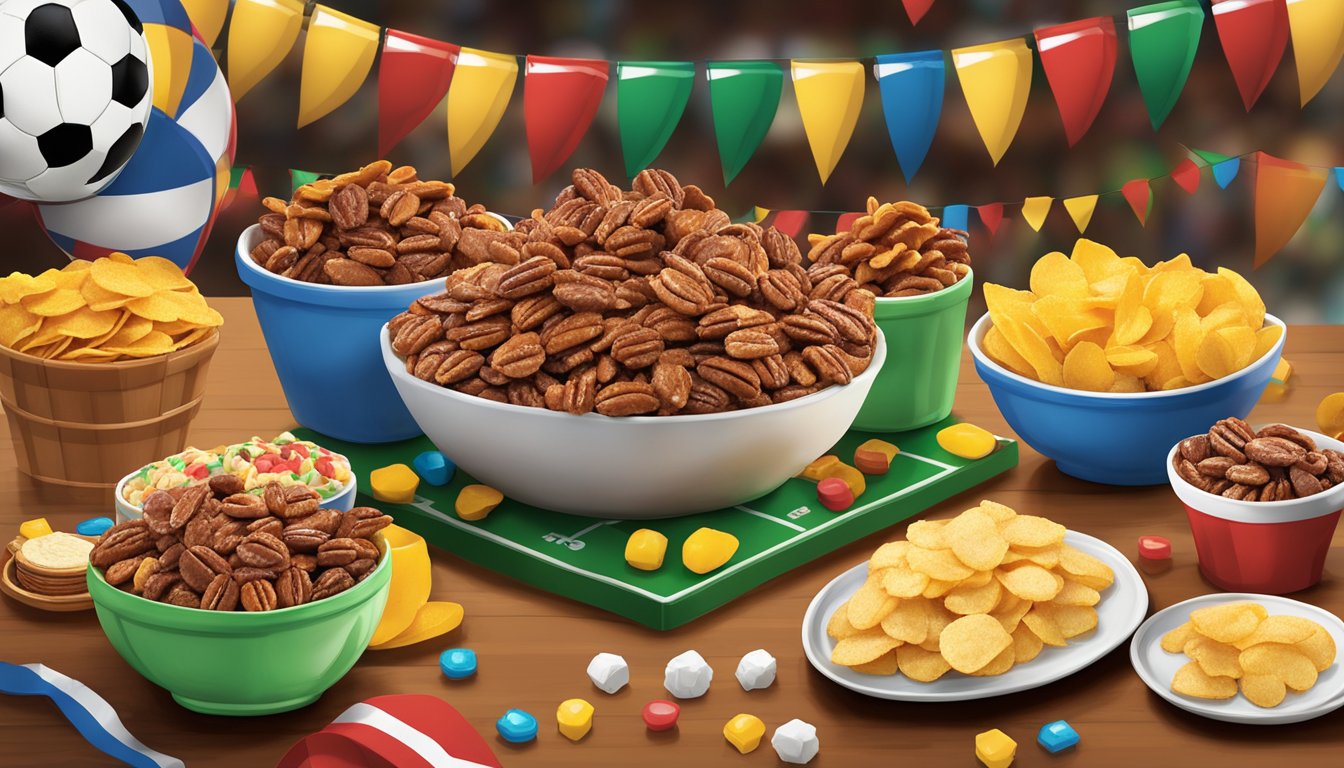 A table spread with Buc-ee's sugar candied pecans, chips, and other party snacks, with football-themed decorations in the background