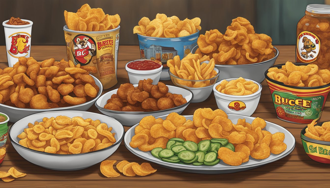 A table spread with Buc-ee's Hot and Spicy Pork Rinds, alongside other Buc-ee's items, ready for a Superbowl party