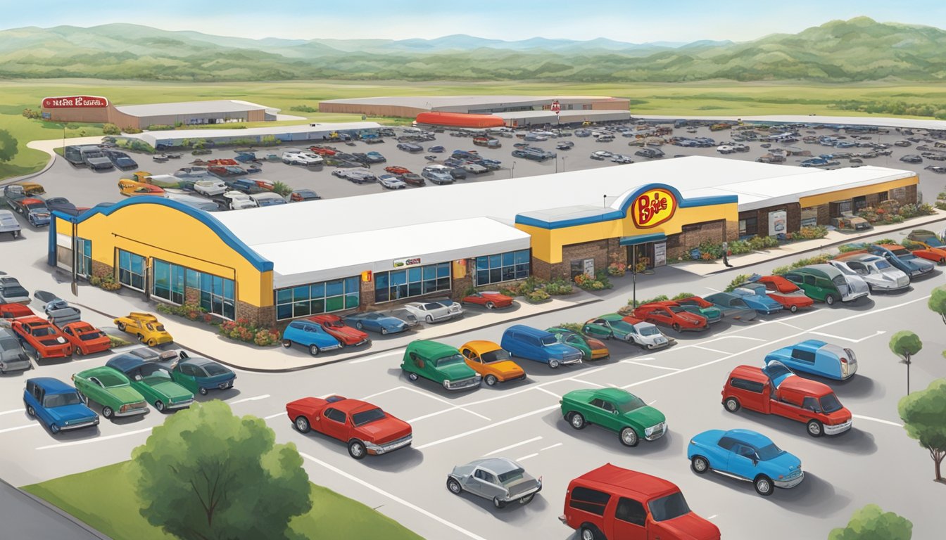 A bustling Buc-ee's parking lot with rows of cars and RVs, surrounded by a sprawling Texas landscape