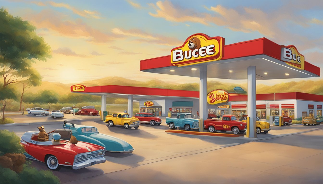 A bustling Buc-ee's gas station and convenience store, with a towering beaver mascot and a line of cars at the pumps. The iconic red and yellow color scheme stands out against the Texas landscape