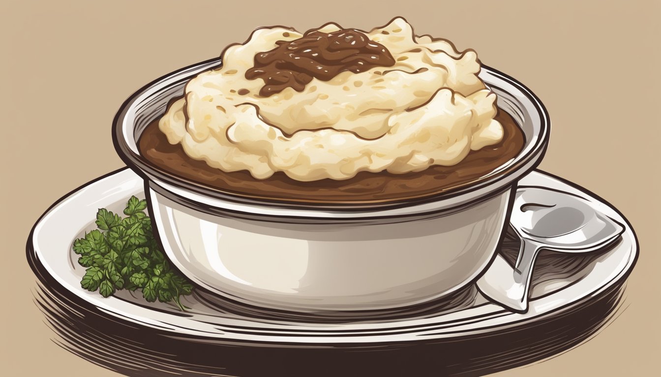 A heaping mound of creamy mashed potatoes topped with rich, brown gravy, served in a classic white dish on a rustic wooden table