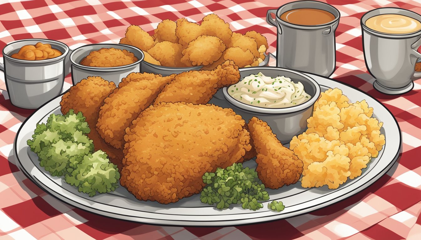 A platter of golden, crispy Southern-style breaded chicken, surrounded by classic sides like mashed potatoes and coleslaw, on a checkered tablecloth