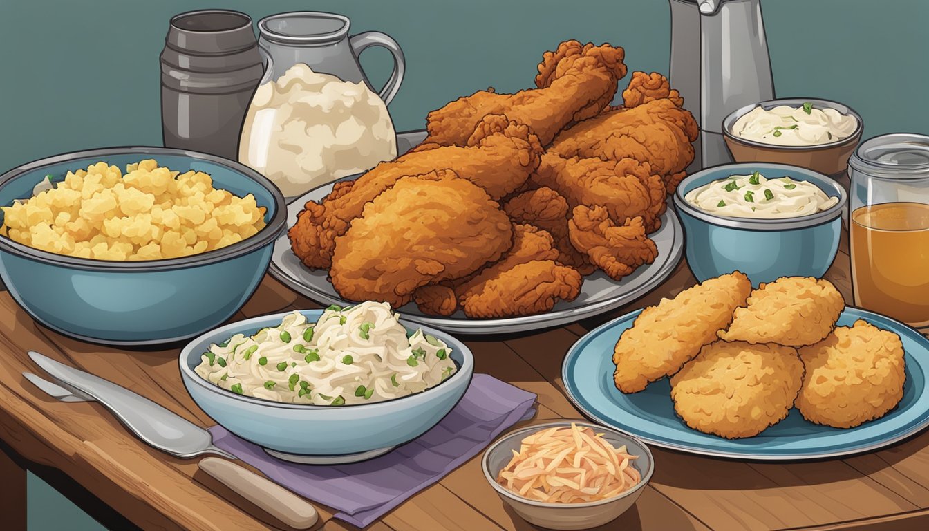 A table filled with colorful dishes and ingredients, including fried chicken, biscuits, coleslaw, and mashed potatoes, arranged in an inviting display