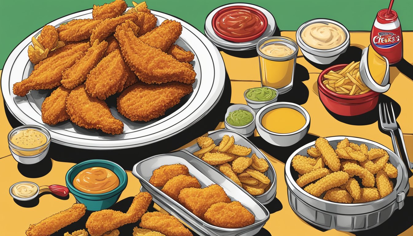 A plate of spicy chicken tenders surrounded by various secret menu items at a Church's Texas Chicken restaurant