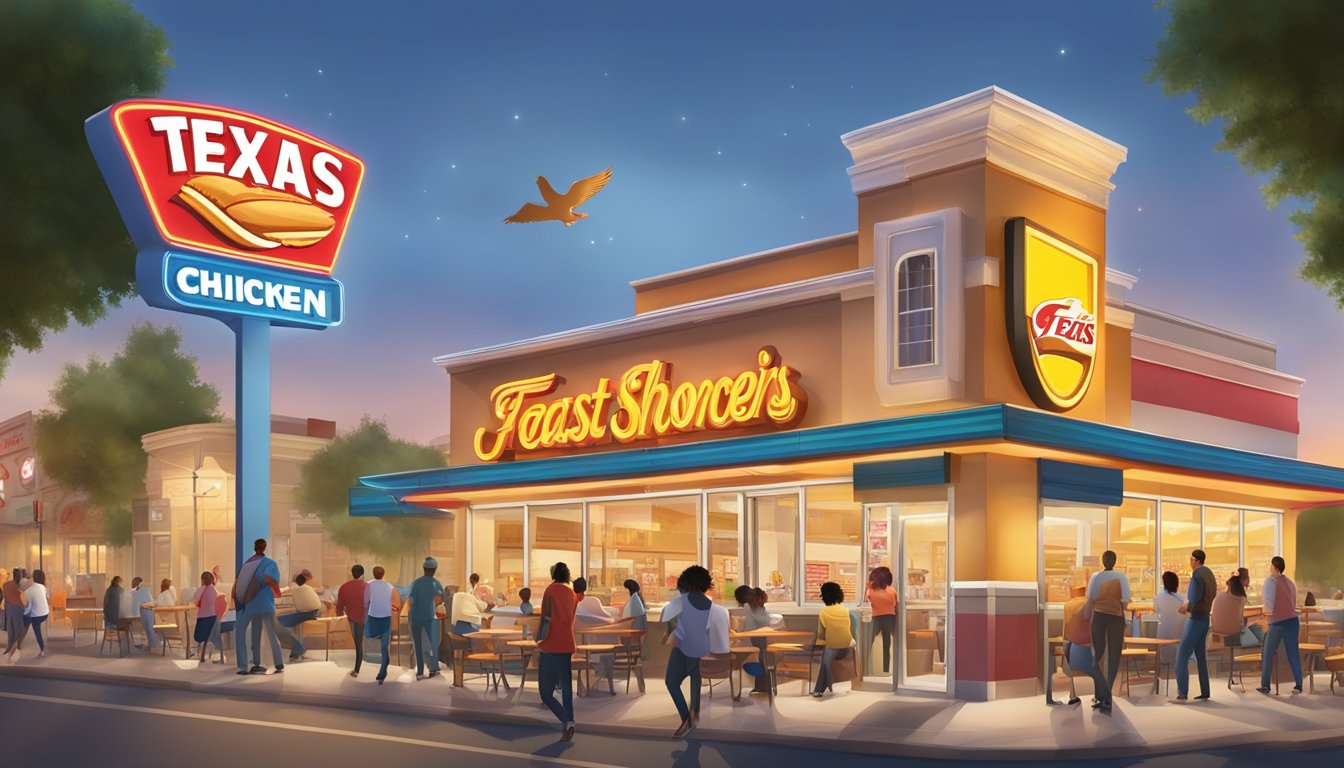 A colorful and bustling fast food restaurant with a prominent Church's Texas Chicken sign, surrounded by a busy street and a diverse group of customers enjoying their meals