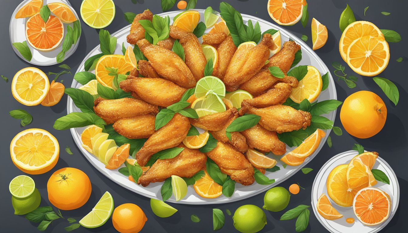 A colorful array of citrus fruits and chicken wings arranged on a platter, with zest sprinkled over the crispy golden wings