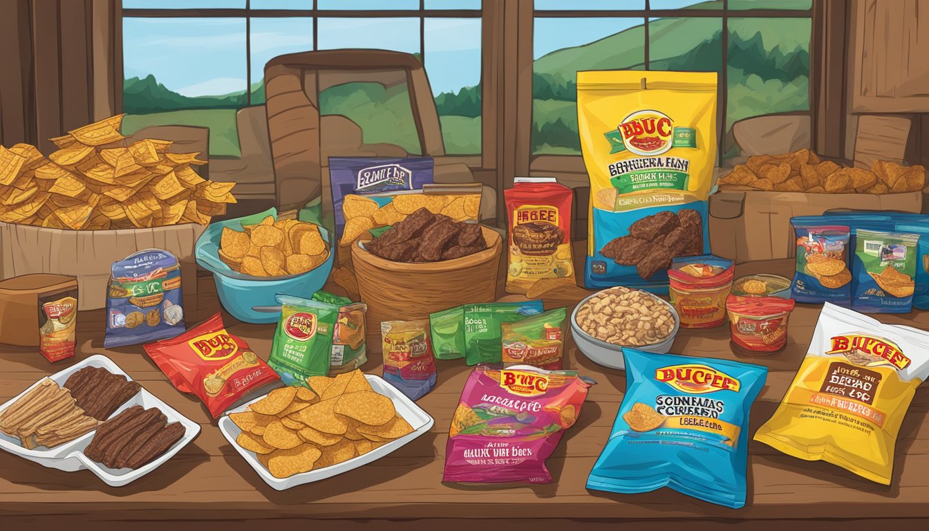 A colorful display of Buc-ee's Hill Country Bohemian Garlic Beef Jerky and other snacks arranged on a table, ready to be packed for a road trip with kids