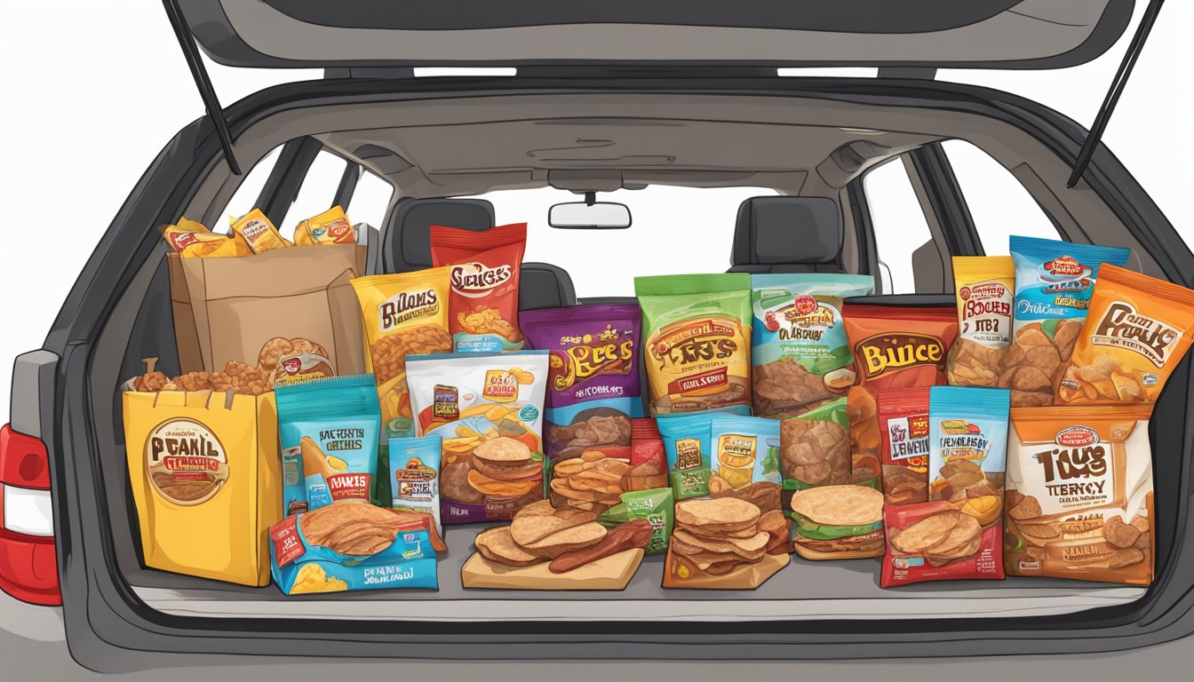 A family car packed with snacks, including Buc-ee's Teriyaki Turkey Jerky, ready for a road trip with kids