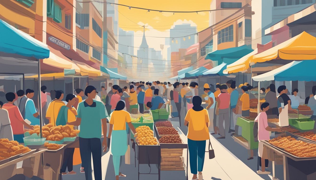 A bustling street market in Malaysia, with colorful stalls and signs advertising Church's Texas Chicken. People of various nationalities line up for the popular fast food