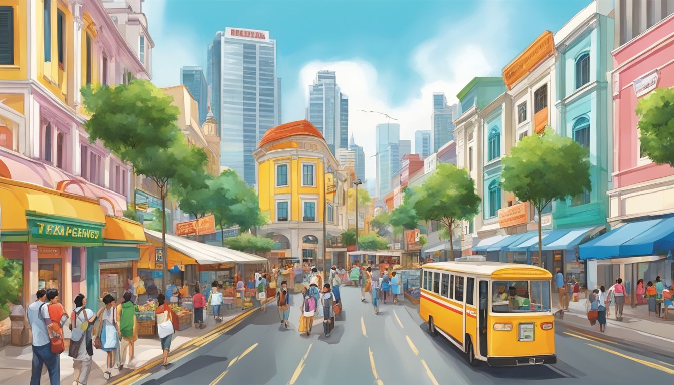 A bustling street in Singapore, with colorful storefronts and a prominent Church's Texas Chicken restaurant among a diverse array of international eateries