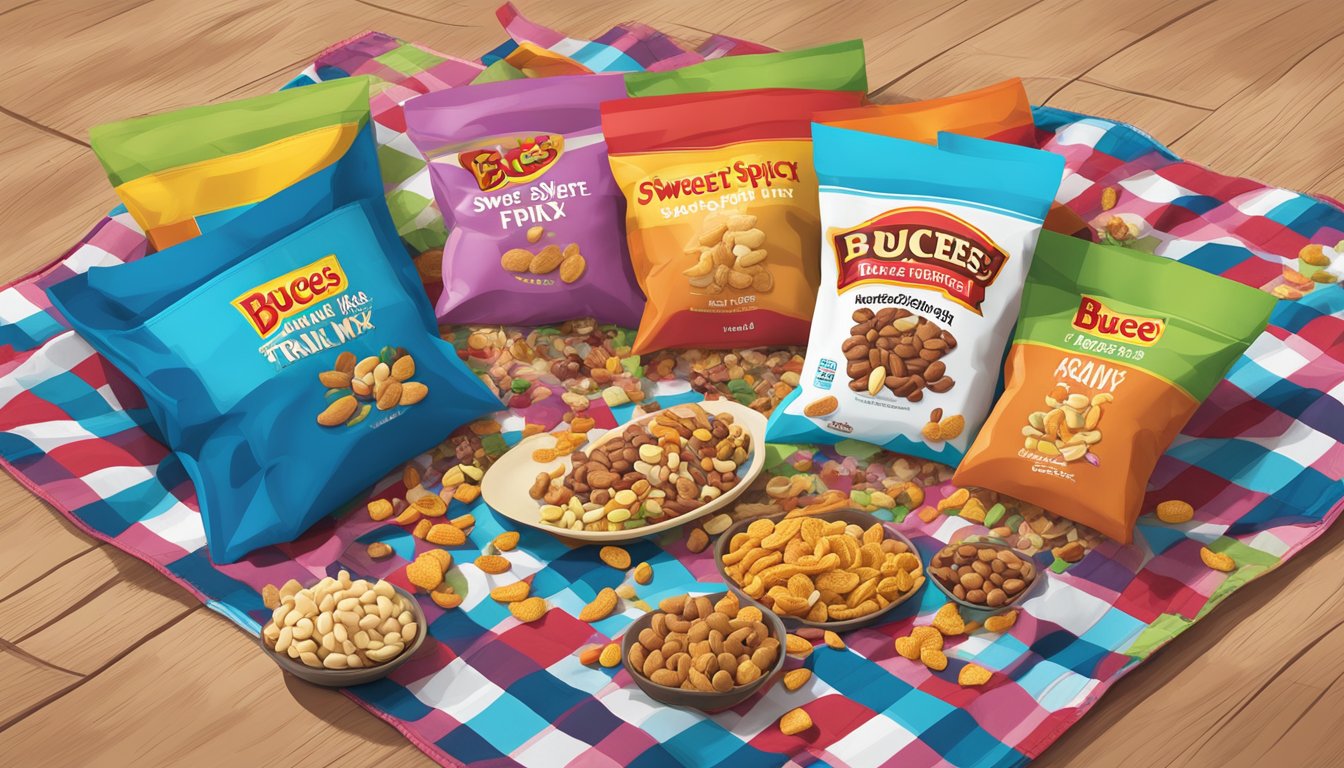 A colorful array of snack bags, including Buc-ee's Sweet & Spicy Trail Mix, arranged on a checkered picnic blanket for a family road trip