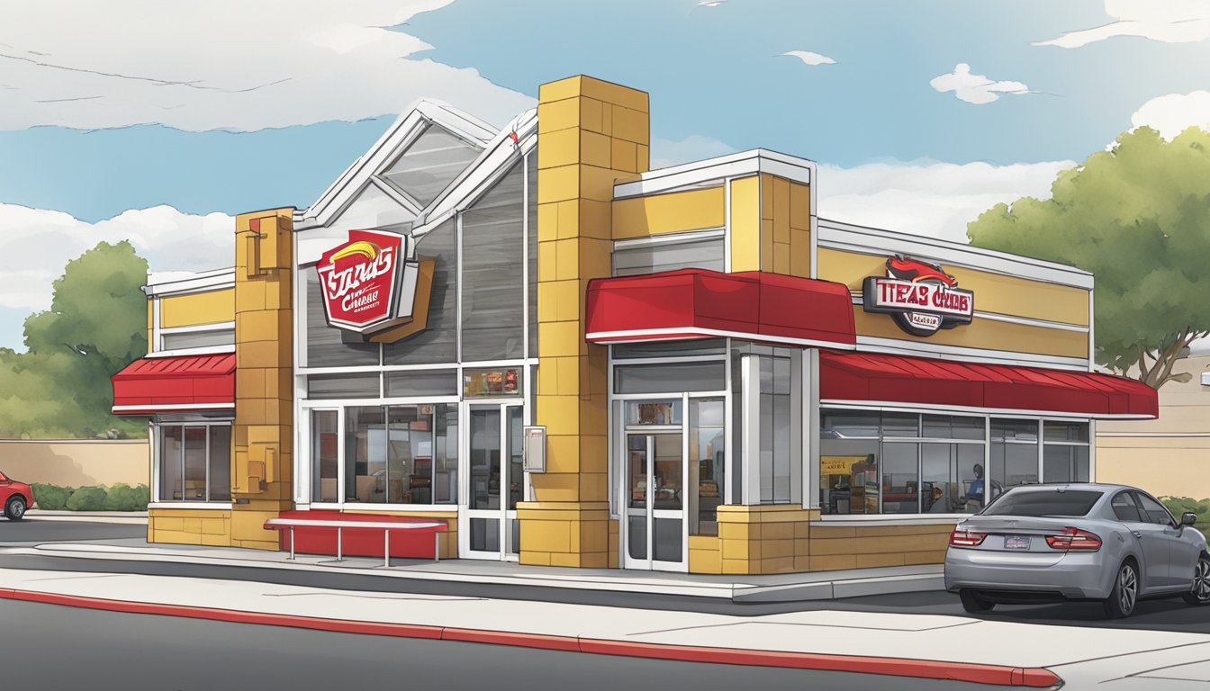 A bustling Church's Texas Chicken restaurant in San Antonio, with a red and white exterior, drive-thru window, and customers dining inside and outside