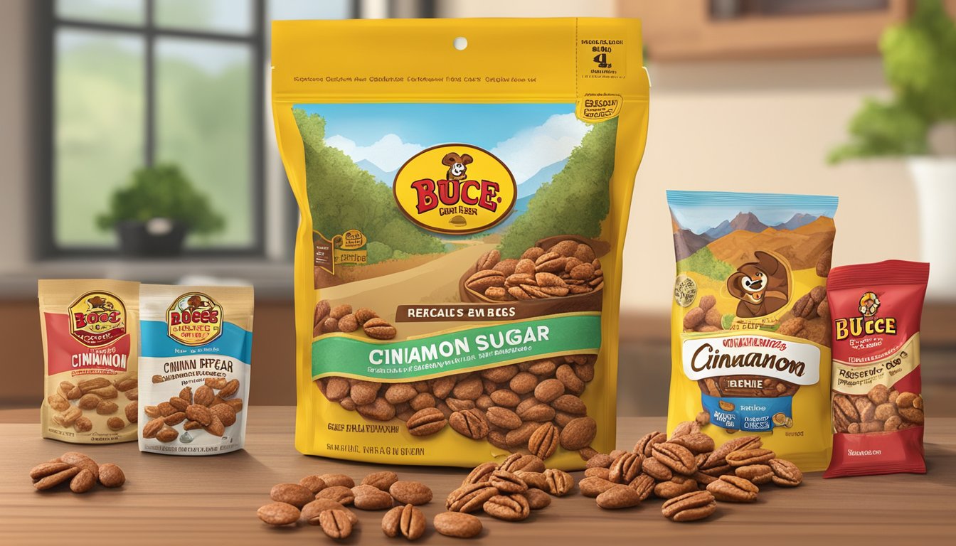 A bag of Buc-ee's Cinnamon Sugar Pecans sits on a table next to other snacks, ready to be packed for a road trip with kids