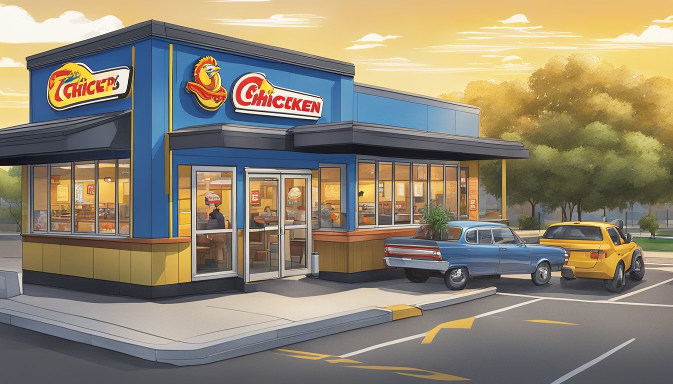 A bustling Church's Texas Chicken restaurant in Houston, with a drive-thru, outdoor seating, and a colorful sign