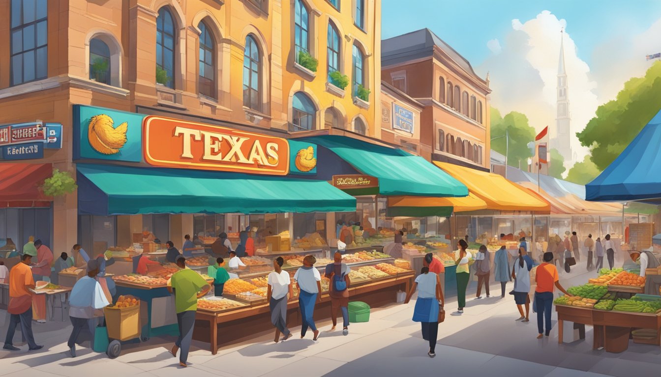 A bustling street market with colorful stalls and diverse people, featuring a prominent Church's Texas Chicken restaurant among other international eateries